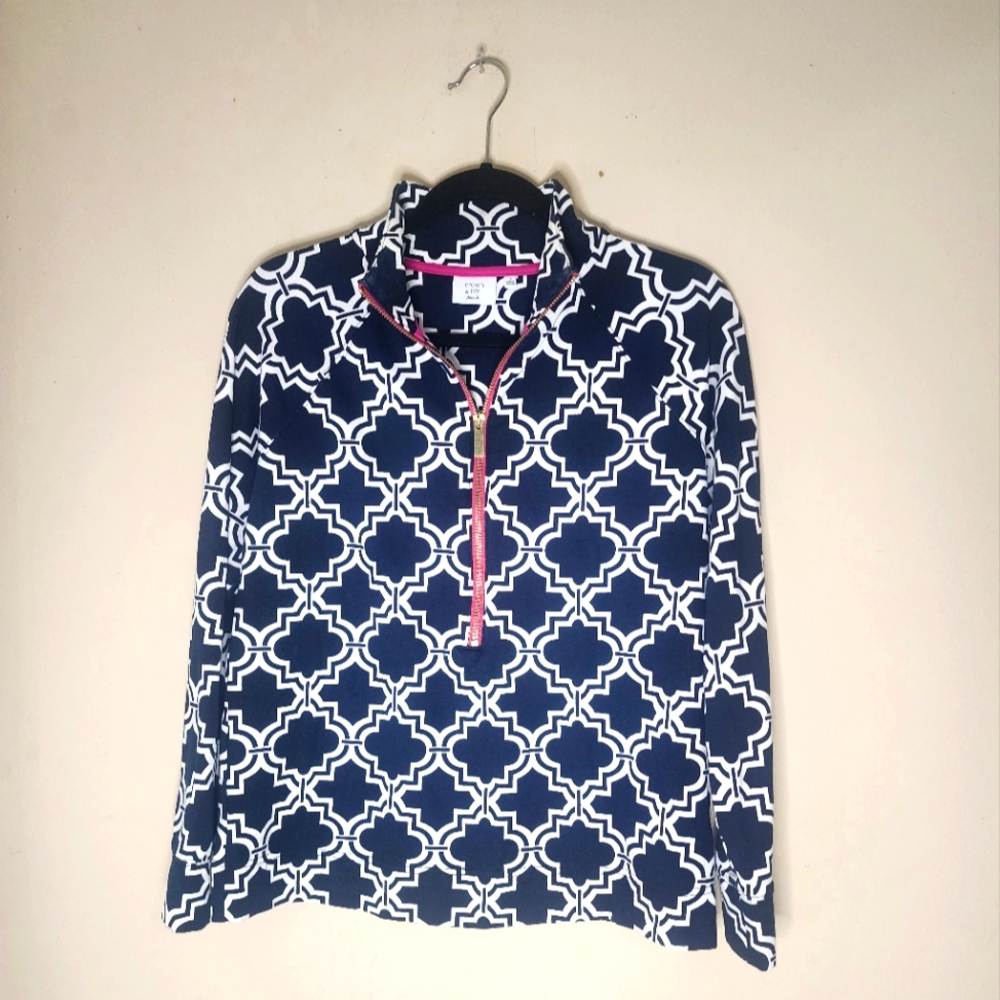 Crown & Ivy Beach White and Navy Patterned Pink Detail Zip Front Pullover Sz S